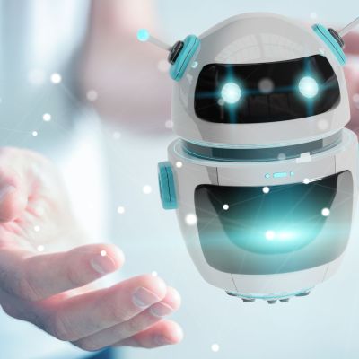 Businessman,On,Blurred,Background,Using,Digital,Chatbot,Robot,Application,3d